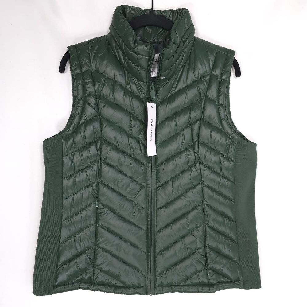CALVIN KLEIN Women’s SMALL New Full Zip Vest Green Puffer Quilted Outdoor